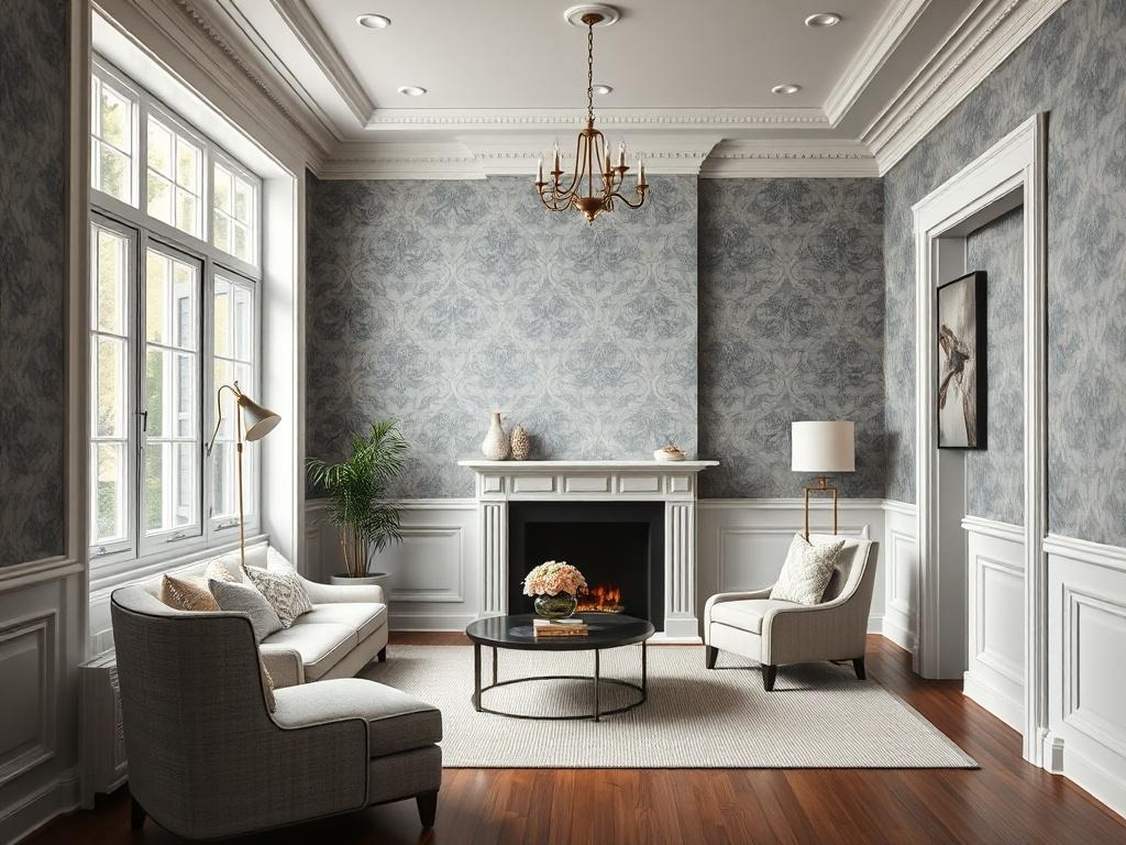 A beautifully designed interior room featuring full-wall wallpaper with a light design and darker moody tones. The lower half of the walls showcases classic wainscoting, blending modern and traditional design elements. The space includes elegant panel molding, soft neutral but slightly darker tones, and subtle patterned wallpaper. The atmosphere feels cozy, warm, and inviting, enhanced by layered textures and tasteful decor. The room appears spacious with balanced proportions, flooded with natural light fro