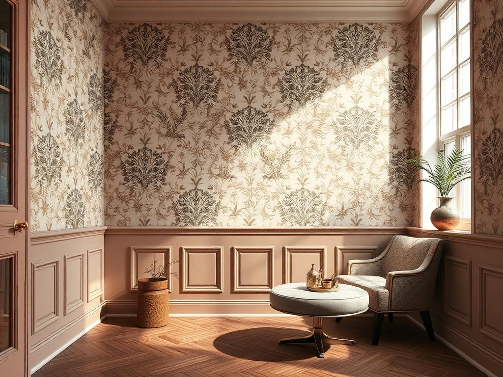 A beautifully designed room showcasing an array of wallpaper styles, with elegant wainscoting covering the lower part of the walls. The space feels cozy yet full, featuring modern and traditional design elements. Ample natural light pours in, enhancing the warm tones of the wallpaper and wainscoting. The composition should focus on the interplay between the wallpaper and wainscoting, creating a balanced, inviting atmosphere.