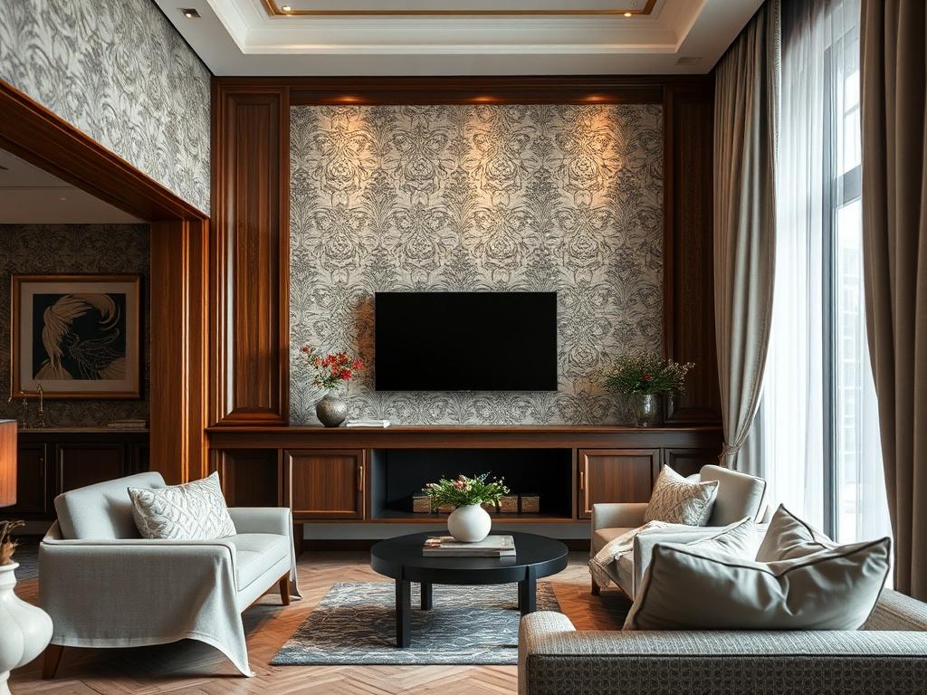 A close-up shot of an elegantly designed living space featuring sophisticated wallpaper and a custom woodwork accent wall. The room is well-lit, showcasing the textures and patterns of the wallpaper. The background should have tasteful decor elements that complement the wallpaper design, creating a refined and inviting atmosphere. The focus is on the craftsmanship and quality of the materials used, captured in hyper-realistic detail with a shallow depth of field to emphasize the beauty of the wallpaper.