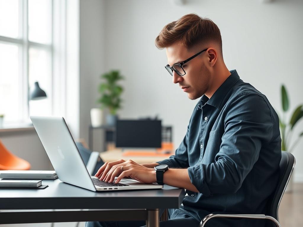 A realistic high-resolution photo capturing a focused marketing professional analyzing data from Facebook and Instagram ads on a laptop. The background is a modern office space with minimalistic decor, featuring clean lines and vibrant colors. The scene emphasizes the individual’s engagement with the screen, showcasing graphs and analytics. The overall vibe is dynamic and energetic, reflecting the drive for effective lead generation.