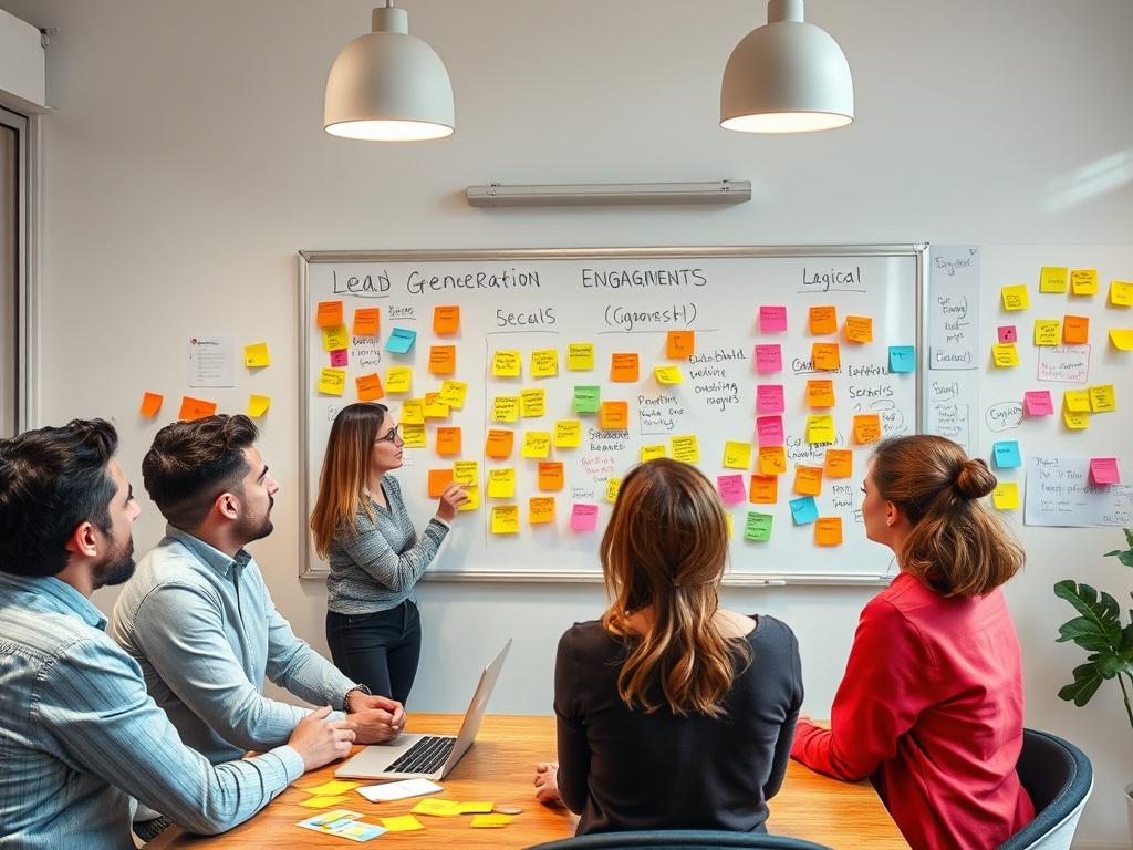 A high-resolution image of a marketing team brainstorming lead generation strategies, surrounded by colorful sticky notes and a whiteboard filled with ideas. The environment is dynamic and collaborative, showcasing the team's creativity and focus on social media engagement. The colors are vibrant, and the overall aesthetic is modern and inspiring.