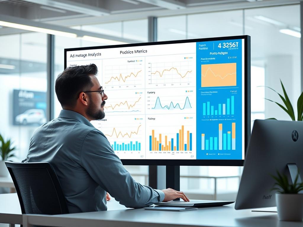 A high-resolution image of a marketing analyst reviewing performance metrics on a large screen, with graphs and charts representing ad performance. The setting is a bright, modern office with clean lines and a focus on technology. The analyst is focused and engaged, highlighting the importance of data in marketing.