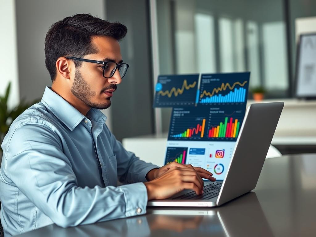 A high-resolution image of a digital marketing professional analyzing Facebook and Instagram ad metrics on a laptop, with colorful graphs and charts visible on the screen. The setting is a modern office with a minimalistic design, featuring clean lines and bold vibrant colors. The focus is on the professional's engaged expression and the detailed analytics displayed.