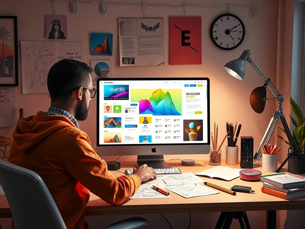 An artistic workspace with a designer creating ad visuals on a computer, vibrant colors and sketches visible.