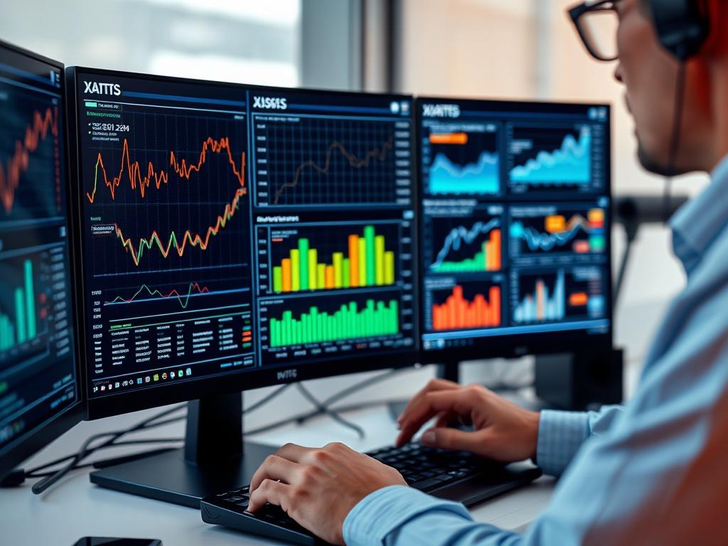 A close-up of a person analyzing data on a computer screen with graphs and charts, clear and organized workspace.
