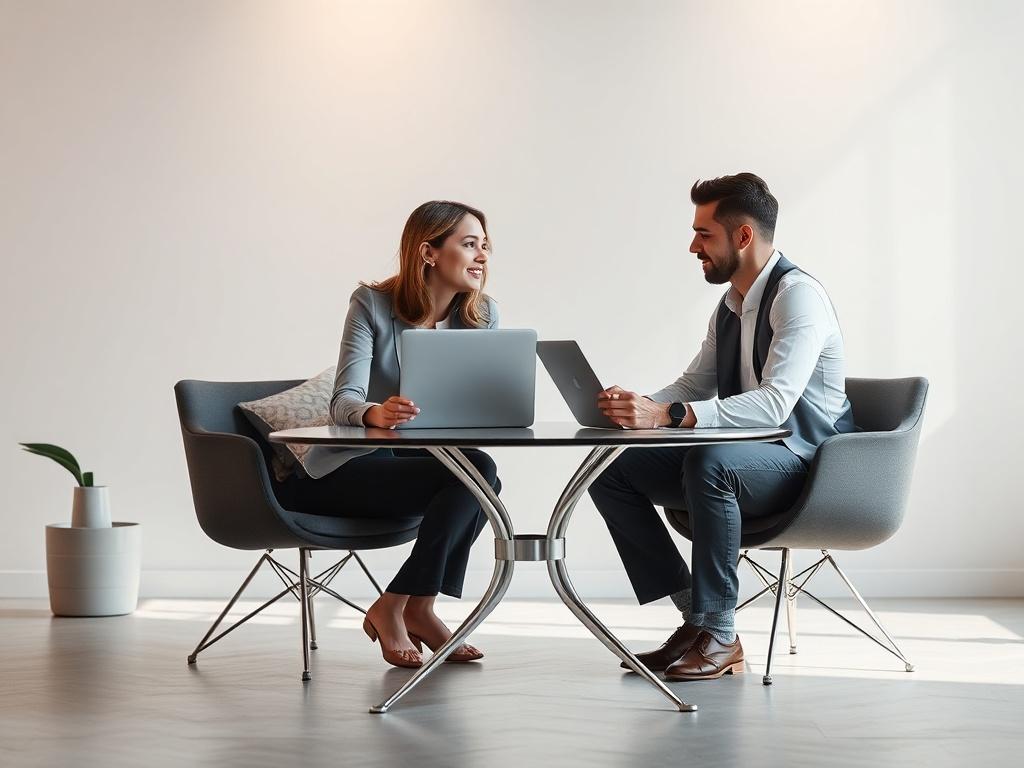 A professional meeting setting with two people discussing marketing strategies, one with a laptop open, minimalistic background with clean lines.