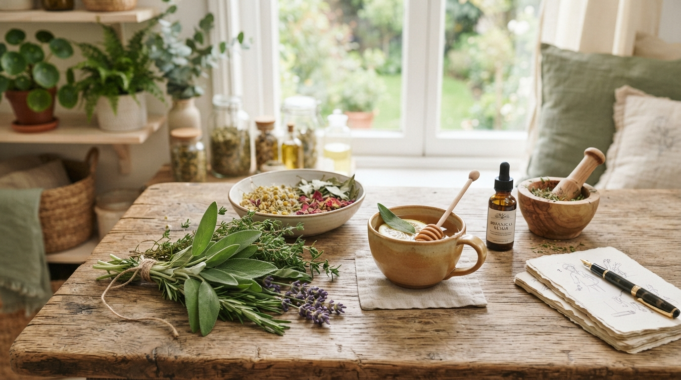 Serene wellness scene with botanical elements