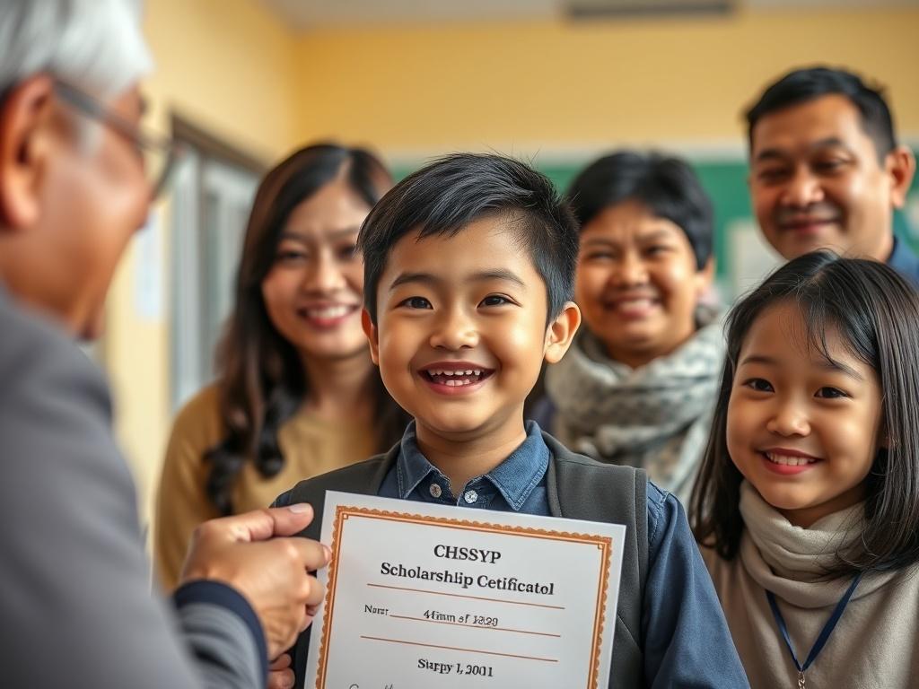 A close-up shot of a joyful student receiving a scholarship certificate from a CHSSYP representative. The student holds the certificate proudly, surrounded by supportive family members. The background features a school setting, symbolizing the importance of education, while the expression on the student's face reflects hope and determination.