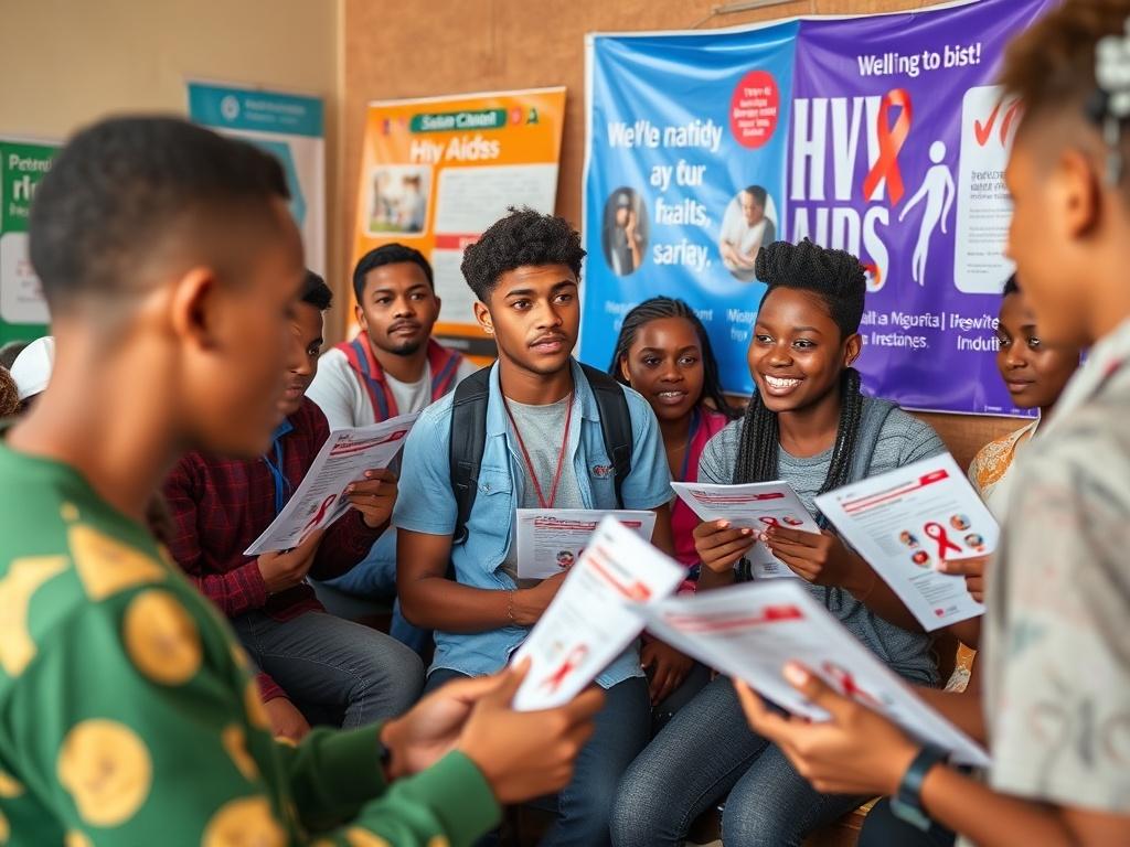 A vibrant scene featuring a group of young people participating in an HIV/AIDS awareness workshop. They are engaged in discussions, holding informational pamphlets, and listening to a speaker. The background includes banners and posters promoting health awareness. The image conveys a sense of community and education, highlighting the importance of youth involvement in health initiatives.