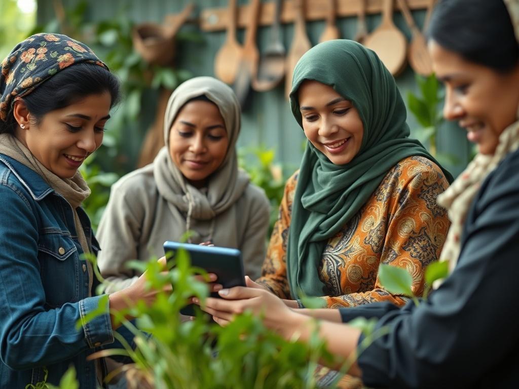 A close-up shot of a group of women farmers engaged in digital marketing training, showcasing their enthusiasm and determination. The background features agricultural tools and plants, symbolizing their connection to farming, while they interact with digital devices. The image captures the essence of empowerment and innovation, highlighting the importance of education in agriculture and technology.