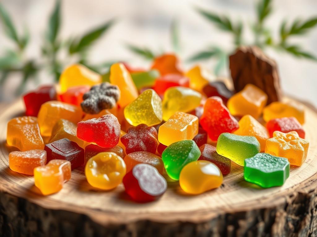 A colorful assortment of CBD gummies displayed on a rustic
