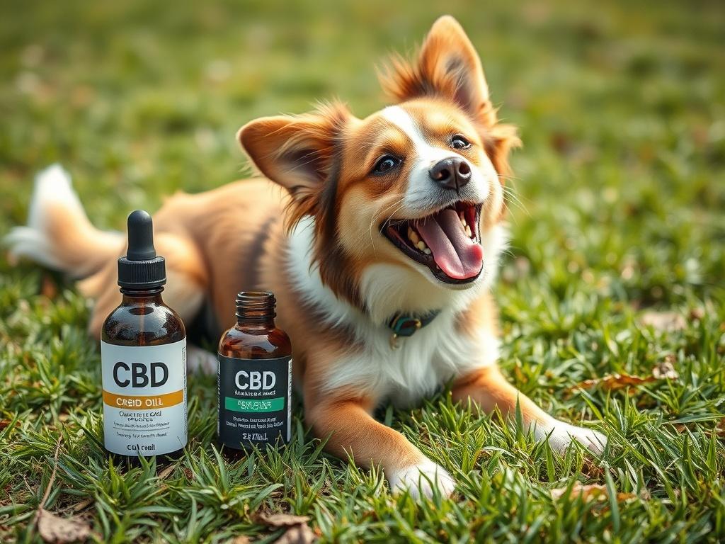 A playful dog with a bottle of CBD oil beside