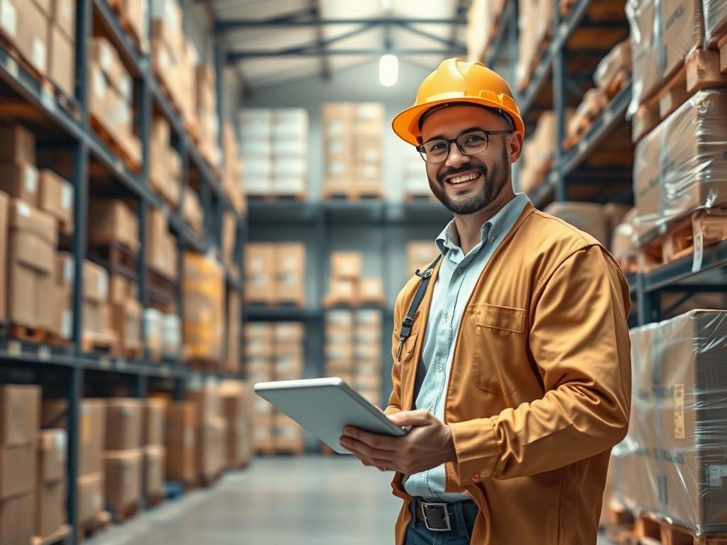 A logistics manager overseeing a warehouse filled with essential supplies. The scene shows organized shelves with boxes and pallets, and a friendly logistics manager checking inventory on a tablet. The background is well-lit, creating a calm and efficient atmosphere, with soft tones and gentle lighting highlighting the importance of logistics management in disaster relief.