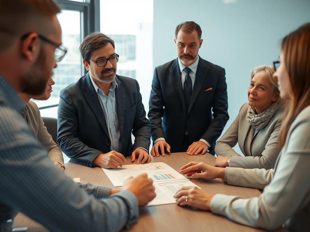 A close-up shot of a disaster preparedness consultant reviewing an emergency response plan with a group of attentive organizational leaders in a modern office setting. The background should be simple and professional, with a focus on the consultant and the documents on the table. The lighting is bright and inviting, showcasing a collaborative environment.