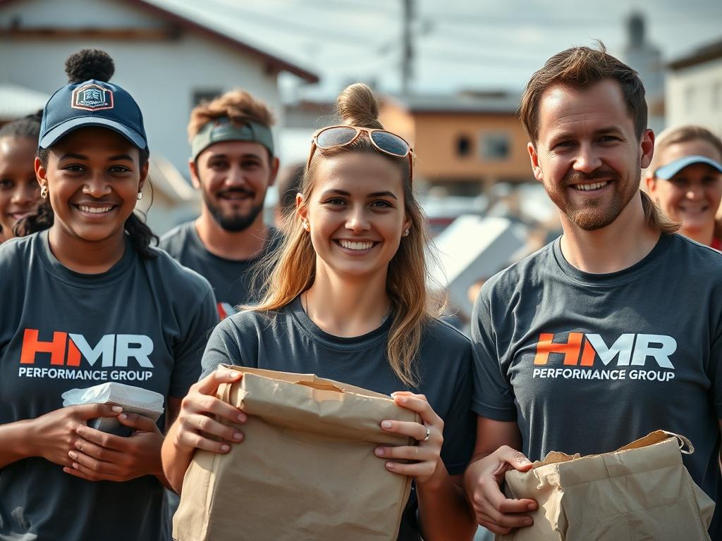 A realistic high-resolution photo of a group of Caucasian volunteers actively engaged in disaster relief efforts. The scene should show them distributing essential supplies in a community affected by a natural disaster. The volunteers should be wearing branded HMR Performance Group shirts, showcasing their commitment and compassion. The background should depict a recovery environment, with damaged buildings or debris subtly visible, emphasizing the urgency and importance of their work. The composition shoul