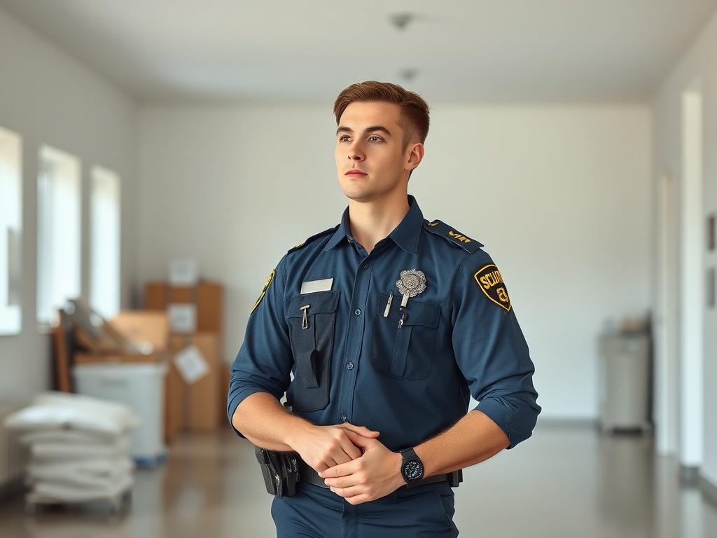 A Caucasian security personnel standing confidently in a professional uniform, scanning the surroundings with a watchful eye. The background features a clean and minimalistic environment, such as a community center or emergency response area, with subtle hints of disaster relief supplies. The composition emphasizes the security personnel as the main subject, showcasing their readiness to provide support and safety.