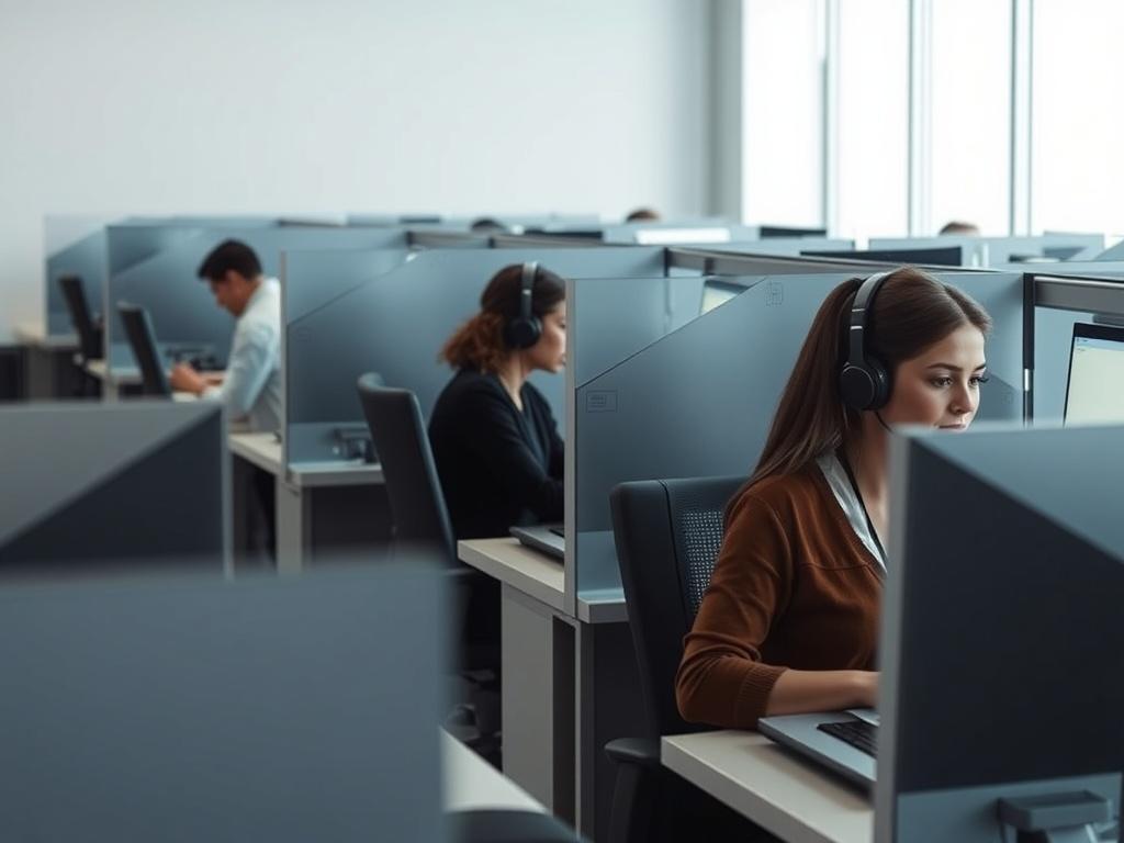 A realistic high-resolution photo of a call center with workers in cubicles, engaged in communications support. The image should capture multiple cubicles with individuals wearing headsets, actively talking on the phone, and focused on their computer screens. The background should have a clean and organized look, with soft lighting illuminating the workspace, creating a professional and supportive atmosphere. The color scheme should incorporate simple colors that complement the primary color rgb(226, 1, 1).