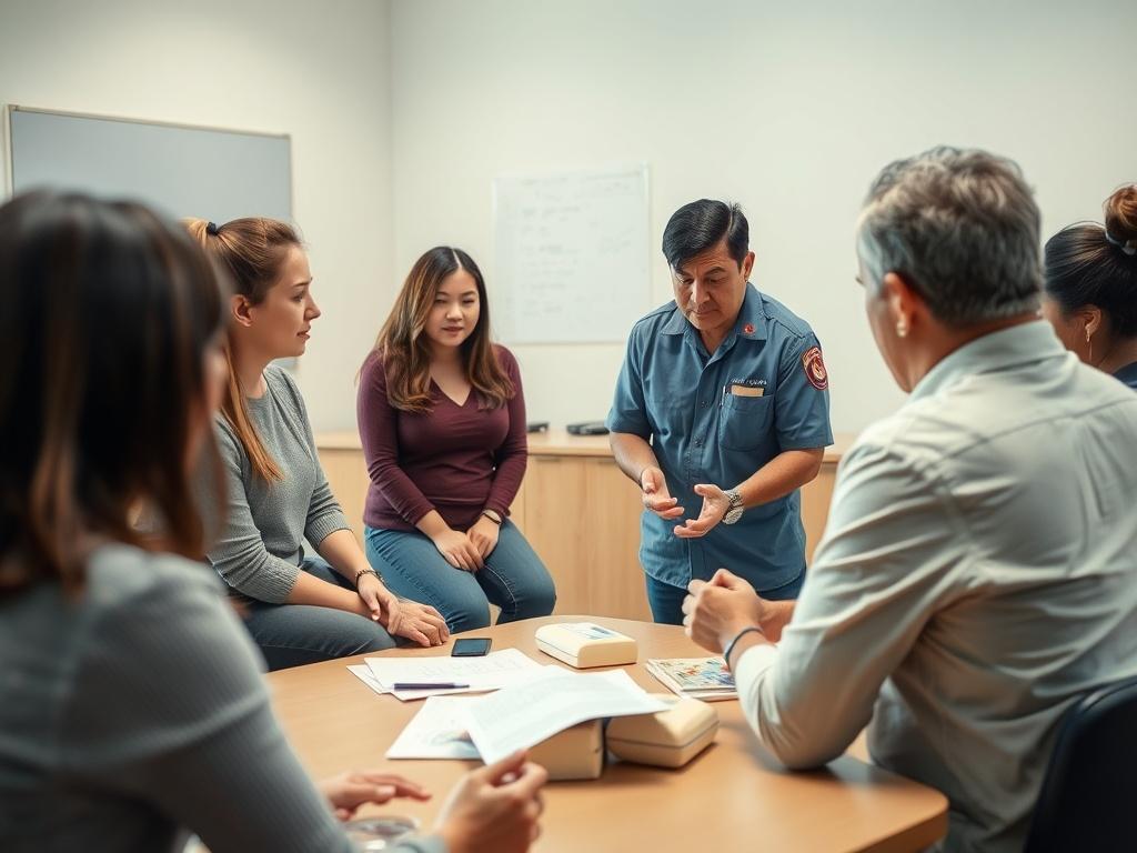 A group of individuals engaged in an emergency preparedness training session. The scene shows a trainer demonstrating first aid techniques to attentive participants in a classroom setting. The atmosphere is focused and supportive, with soft lighting and an inviting environment.