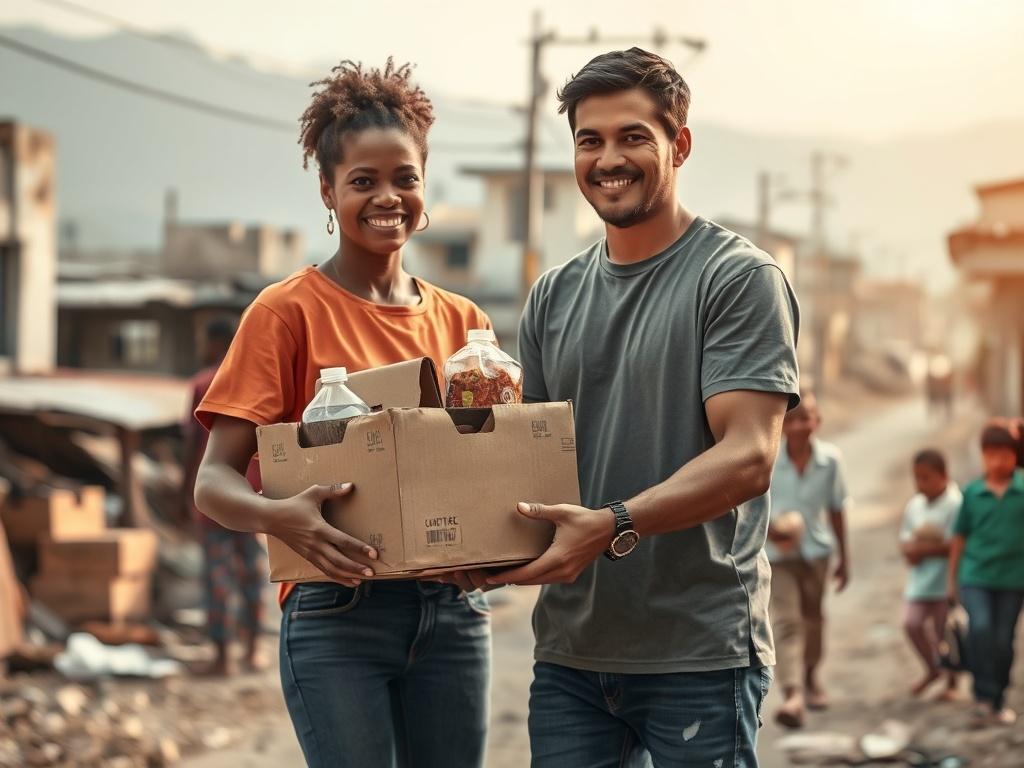 A compassionate volunteer delivering essential supplies to a community affected by disaster. The scene shows a volunteer handing out boxes of food and water to grateful families in a devastated neighborhood. The background features damaged buildings and a supportive atmosphere, with soft tones and gentle lighting.