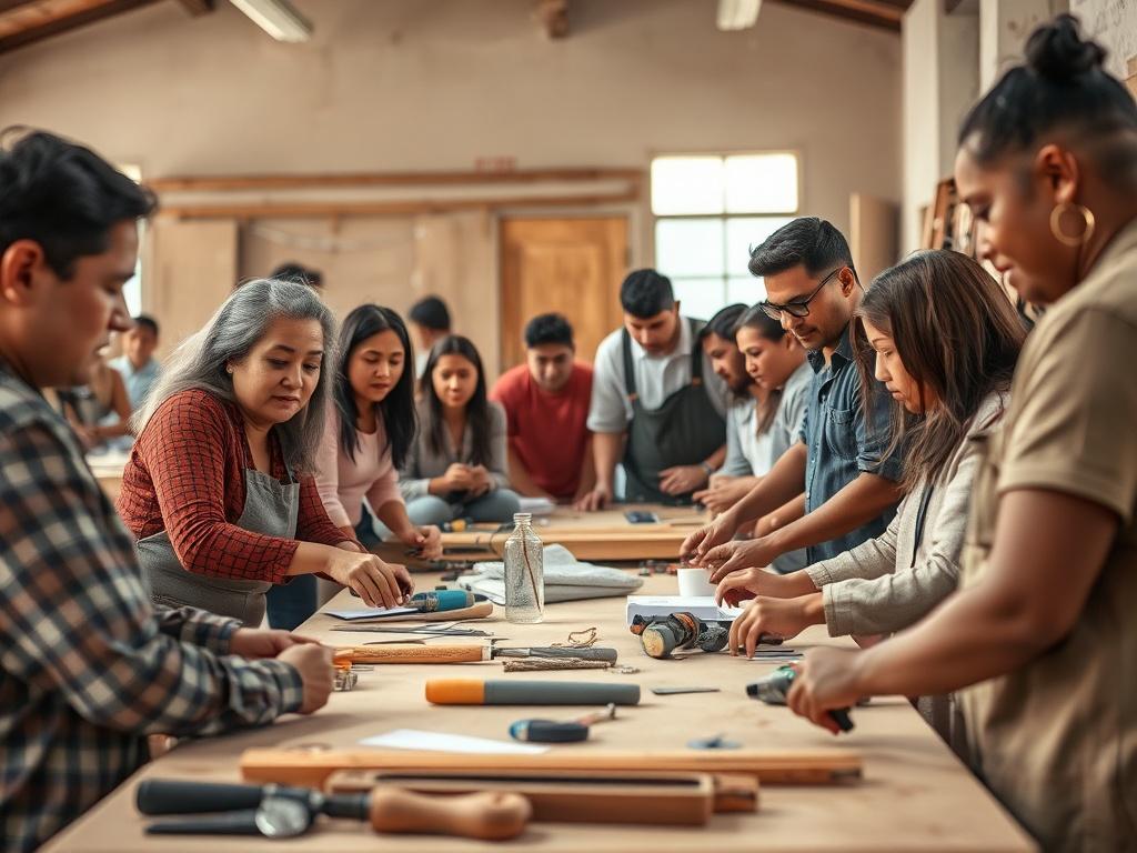 A group of community members participating in a rebuilding workshop after a disaster. The image captures people of diverse backgrounds working together, sharing ideas, and collaborating on restoration projects. The setting is filled with tools and materials, showcasing a positive and hopeful atmosphere with soft lighting.