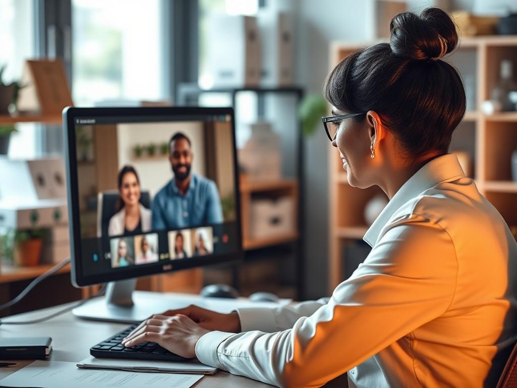 A compassionate consultant sitting at a desk, engaging in a video call with a community leader, showcasing a warm and collaborative atmosphere. The background is a well-organized office space with disaster relief materials subtly displayed, emphasizing the focus on disaster relief solutions. The lighting is warm and inviting, highlighting the consultant's attentive demeanor.