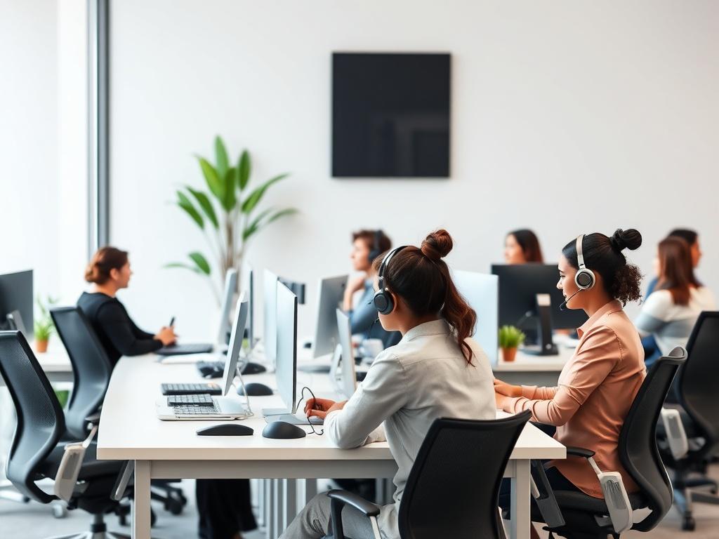 A realistic high-resolution photo of a modern call center with sleek desks and ergonomic chairs. The focus is on a diverse group of agents engaged in conversation, wearing headsets, and attentively assisting clients. The background should be minimalistic, showcasing clean lines and a well-organized space, with a few potted plants for a touch of greenery. The color scheme should be simple and professional, with an emphasis on the primary color rgb(226, 1, 1).