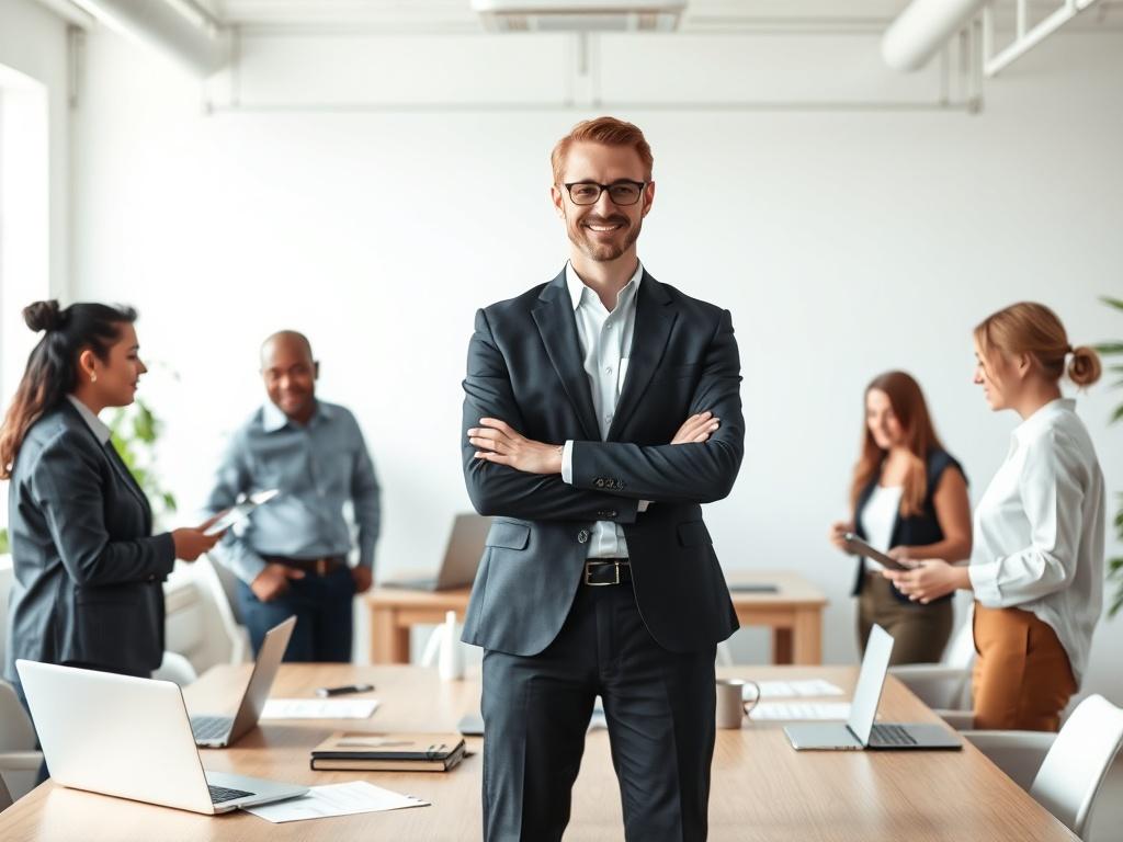 A Caucasian manager standing confidently in an office setting, surrounded by diverse staff members engaged in collaboration. The manager is wearing business attire and smiling, while the staff, a mix of ethnicities, are discussing and sharing ideas around a table filled with documents and laptops. The background features a modern office environment with minimalistic decor, clean lines, and a bright atmosphere, emphasizing teamwork and innovation.