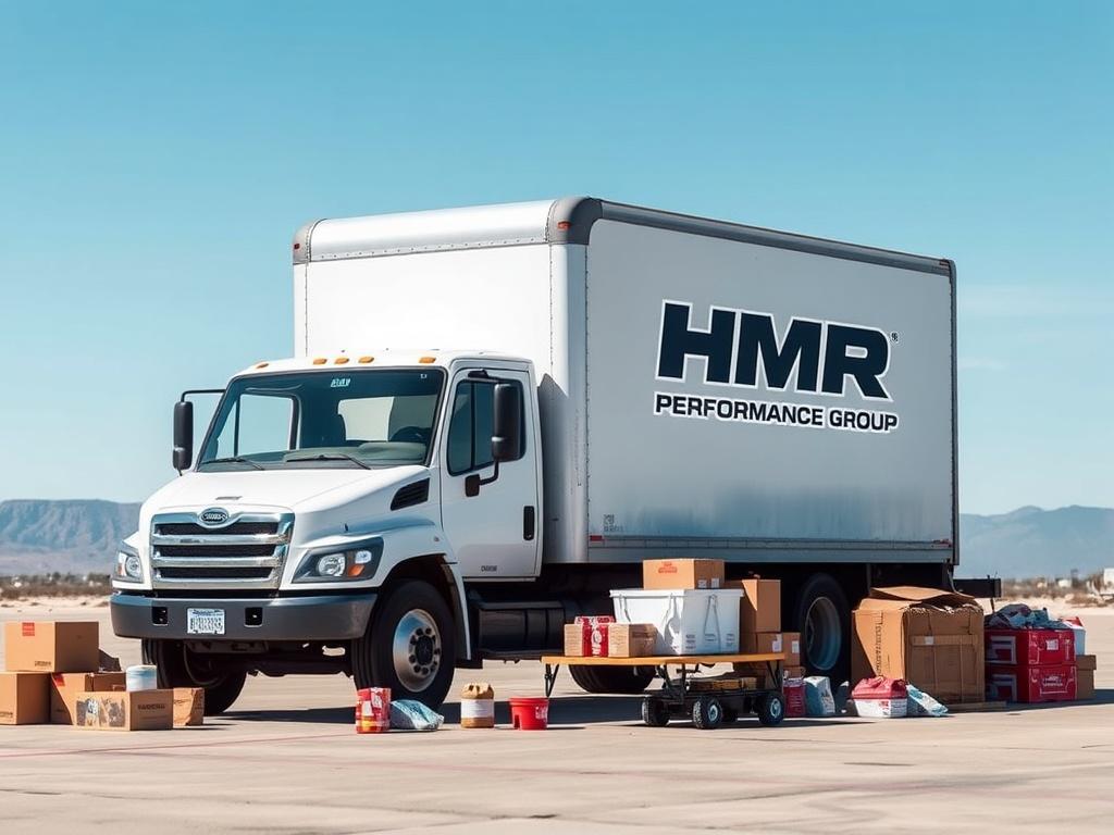 A high-resolution photo of a box truck featuring the HMR Performance Group logo prominently displayed. The truck is parked in an open area, surrounded by emergency supplies such as boxes, first aid kits, and food items. The background shows a clear blue sky and minimalistic landscape, emphasizing the truck as the central subject. The overall composition is simple and clean, focusing on the truck and its mission of emergency supply distribution.