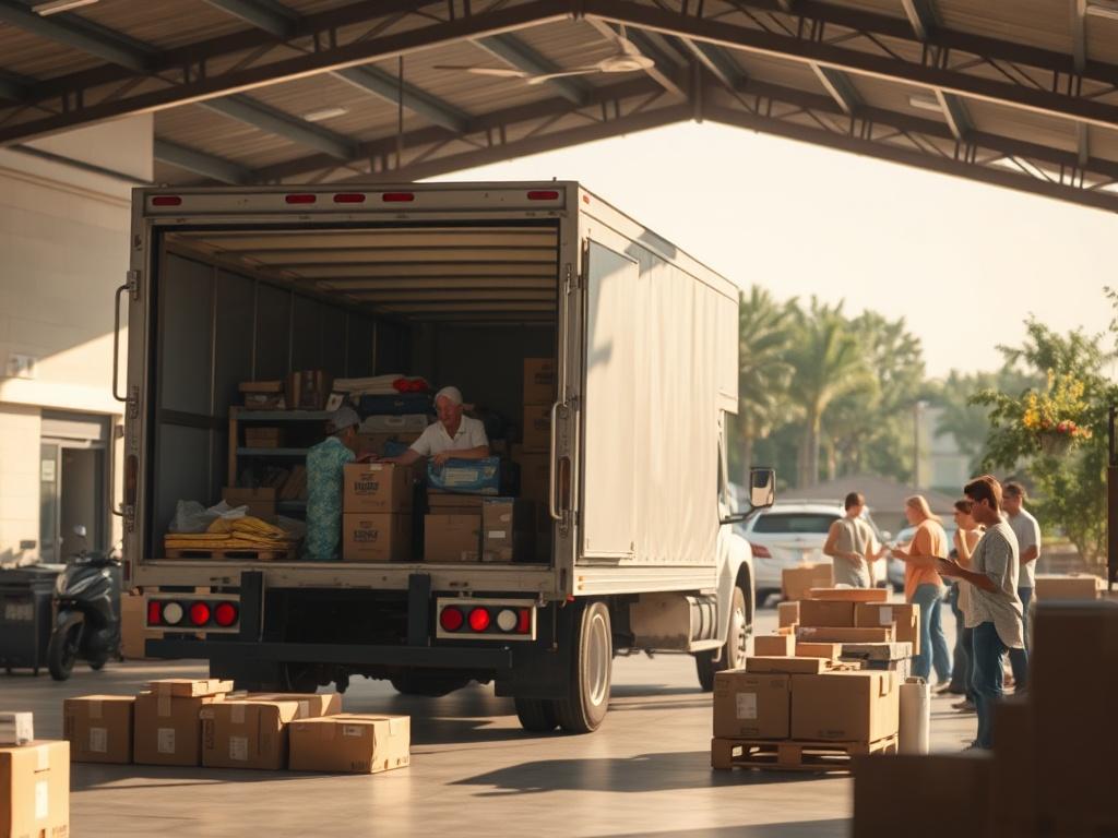 A delivery truck unloading essential supplies at a community center,