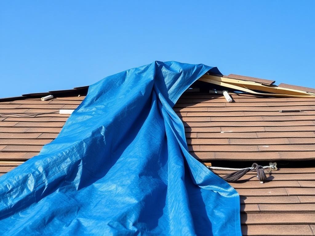 A realistic high-resolution photo of a blue tarp covering a damaged roof. The composition should focus on the tarp draped securely over the roof, showing the texture and color of the tarp. The background should be a clear blue sky to emphasize the tarp's vibrant color. The image should have clean lines and minimalistic elements, showcasing the importance of protection during a disaster.