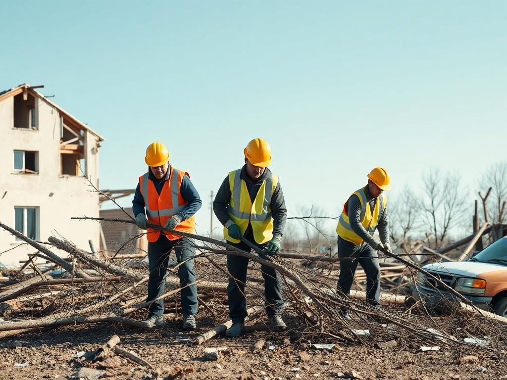 A realistic high-resolution photo depicting a team of compassionate disaster relief workers wearing safety gear actively engaged in debris removal. The scene shows them clearing away fallen branches and rubble in a community affected by a natural disaster. The background features a partially damaged building and a clear blue sky, emphasizing the importance of restoration and support in times of crisis. The composition should focus on the teamwork and determination of the workers, with clean lines and minima