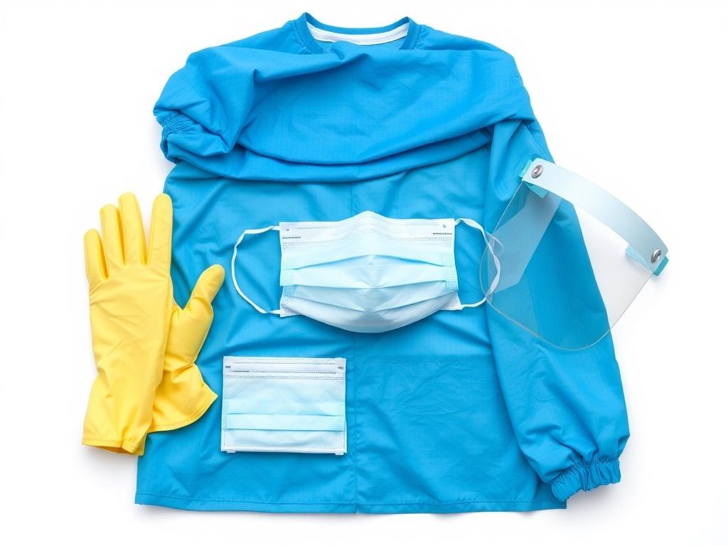 A high-resolution image of a set of Personal Protective Equipment (PPE) including gloves, masks, gowns, and face shields. The composition should be clean and minimalist, showcasing the PPE neatly arranged on a simple white background. Focus on the quality and details of the materials, ensuring that each item is clearly visible and distinct. The image should convey a sense of safety and reliability.