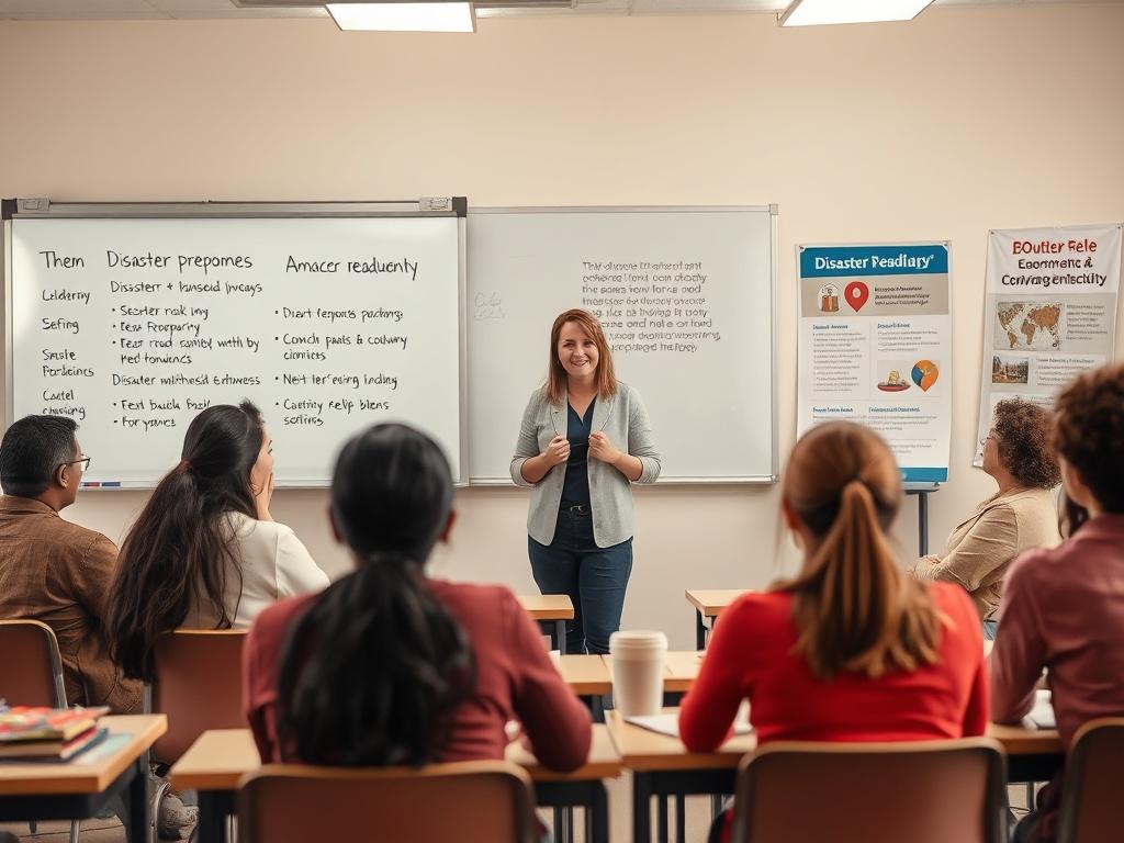 A compassionate educator conducting a training session on disaster response support. The setting is a well-lit classroom with a warm atmosphere, featuring a large whiteboard displaying key points about disaster preparedness. The educator is a middle-aged woman with a friendly demeanor, engaging with a diverse group of attentive participants seated at desks. The background includes educational materials and a poster about disaster relief efforts. The overall tone is positive and encouraging, reflecting the i