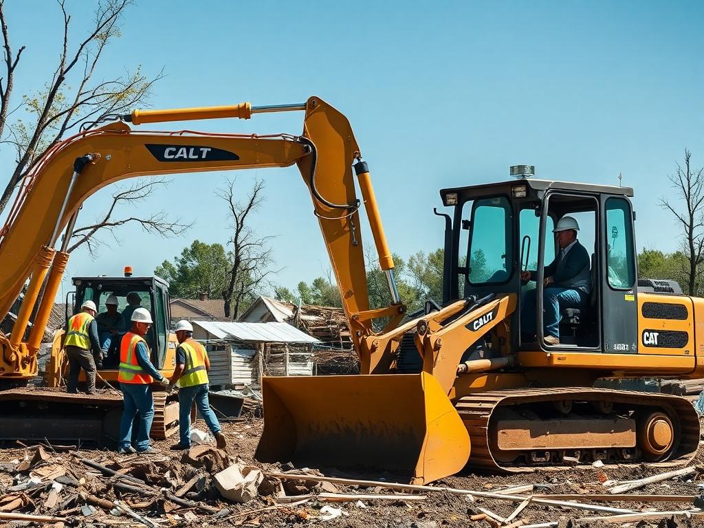 A realistic high-resolution photo of disaster debris cleanup workers operating heavy machinery at a disaster site. The image should capture a group of diverse workers in safety gear, including helmets and reflective vests, actively using excavators and bulldozers to clear debris. The background should show remnants of a disaster, such as fallen trees and building materials, with a clear blue sky overhead. The composition should focus on the workers and machinery, highlighting their teamwork and determinatio