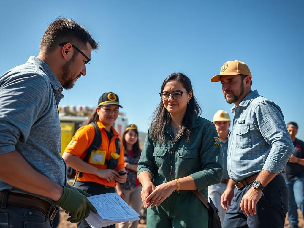 A realistic high-resolution photo showcasing a group of people engaged in disaster training activities. The scene features a diverse team of individuals, actively participating in a mock disaster scenario, demonstrating teamwork and collaboration. The background includes emergency response equipment and a clear blue sky, emphasizing a sense of preparedness and resilience.