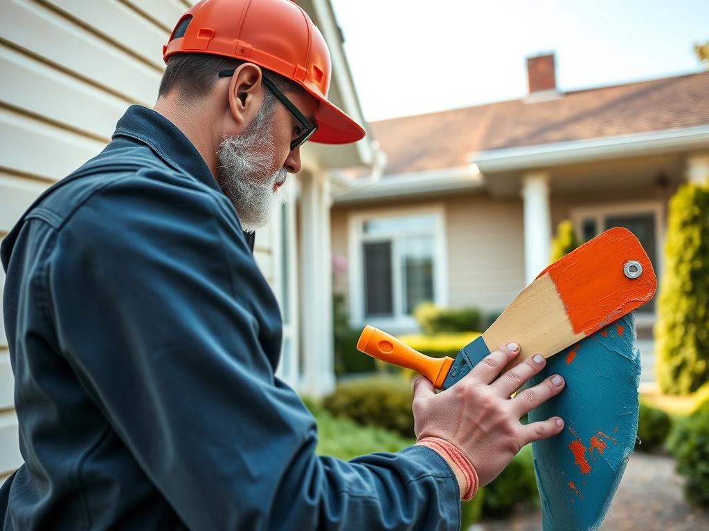 A realistic high-resolution photo of a professional painter in the process of painting the exterior of a house. The painter is focused on applying bright, vibrant paint on a section of the wall, showcasing their expertise. The background features a well-maintained home with green landscaping, and the composition is simple and clear, highlighting the painter and their tools.