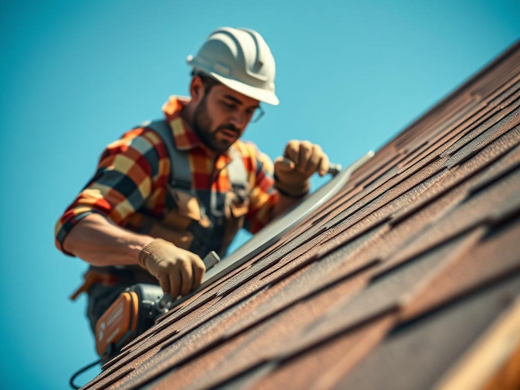 A close up shot of a professional roofer installing shingles