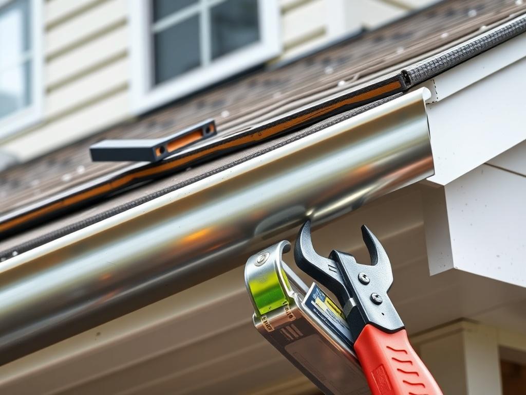 A close up shot of new gutters being installed on
