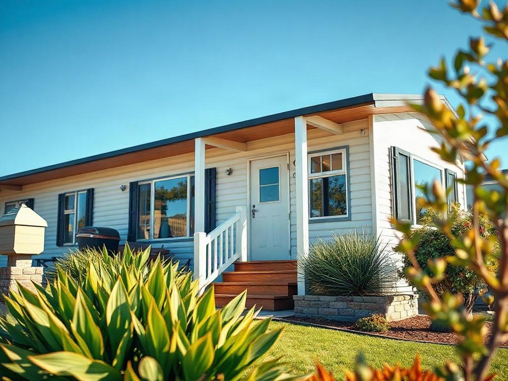 A close-up shot of a beautifully designed mobile home exterior, showcasing modern architecture and landscaping. The focus should be on the home, with vibrant greenery in the foreground, under a clear blue sky. The image should be rendered in hyper-realistic style, highlighting the intricate details of the structure and surroundings.