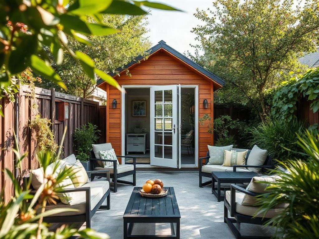 A picturesque backyard showcasing a newly installed ADU, designed with modern aesthetics and functionality. The image highlights the entrance of the ADU, surrounded by greenery and outdoor furniture. A sense of tranquility and usability is conveyed, with a bright sky in the background.