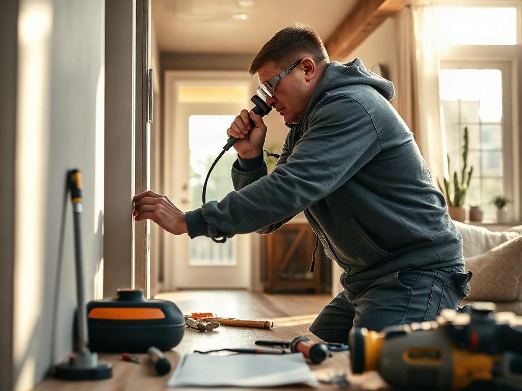 A technician performing repairs inside a manufactured home, focusing on a well-lit living room setting. The image captures the technician working diligently on a wall with tools and materials around. Natural light streams in through the windows, highlighting the cozy interior. The background features elements of a modern manufactured home.