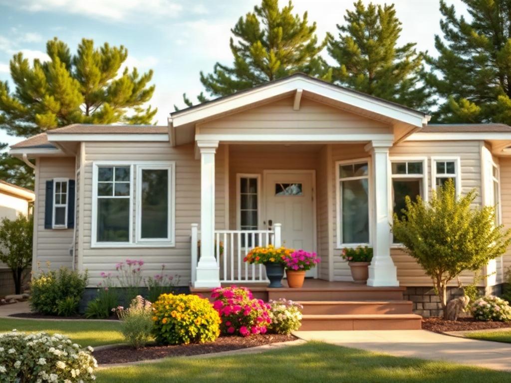 A close-up shot of a beautifully designed mobile home exterior, showcasing modern architecture and landscaping. The focus is on the entrance, highlighting a welcoming porch and vibrant flowers. The background features a clear sky and green trees, creating a serene atmosphere. The image should capture the essence of quality and comfort.