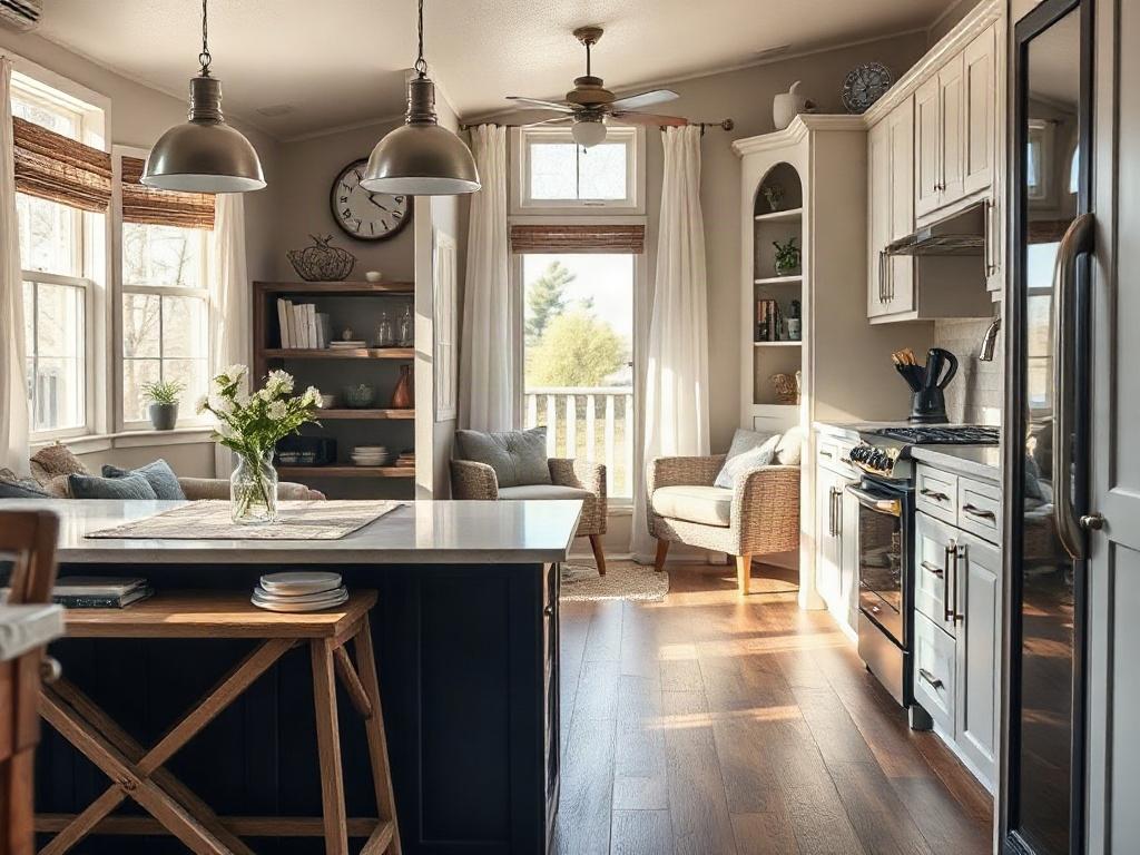 A close-up shot of a beautifully remodeled interior space in a manufactured home, featuring modern decor and upgraded fixtures. The image includes details like new cabinetry, stylish flooring, and a well-lit open layout. The background showcases a cozy atmosphere with natural light streaming in, captured in a hyper-realistic style using a 45mm f/1.2 lens.