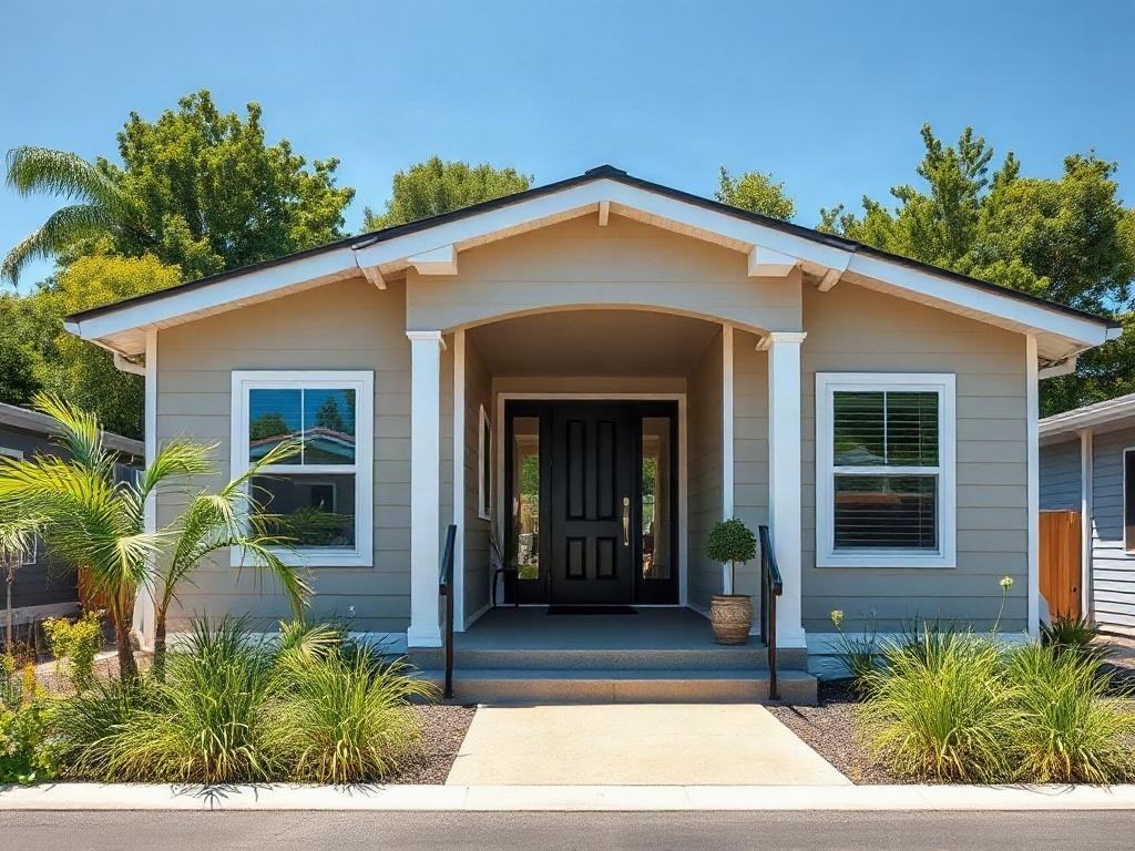 A close-up shot of a beautiful, modern manufactured home in a serene setting, showcasing its sleek design and inviting entrance. The background features lush greenery and a clear blue sky, emphasizing a peaceful residential environment. The image should be shot with a 45mm f/1.2 lens to create a hyper-realistic look, highlighting the home's features and inviting atmosphere.