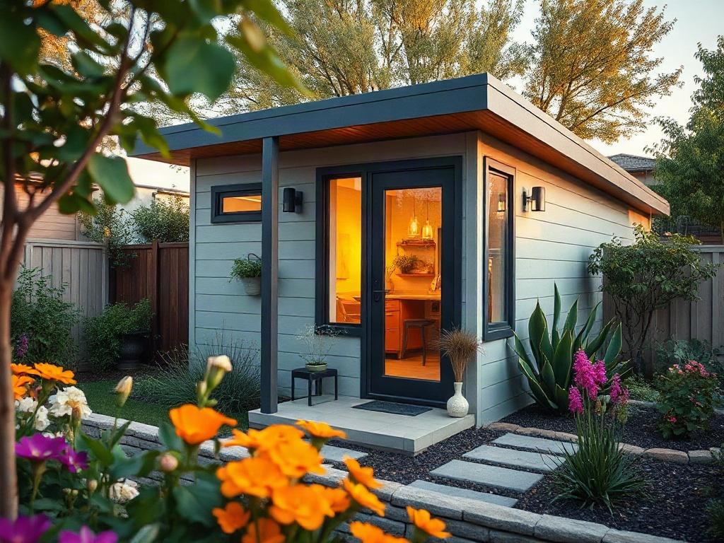A close-up shot of a stylish Accessory Dwelling Unit (ADU) in a backyard, showcasing its modern architecture and functional design. The setting includes a landscaped garden with vibrant flowers, creating an inviting atmosphere. The image should reflect a hyper-realistic style, shot with a 45mm f/1.2 lens to emphasize the ADU's features and its integration into the outdoor space.