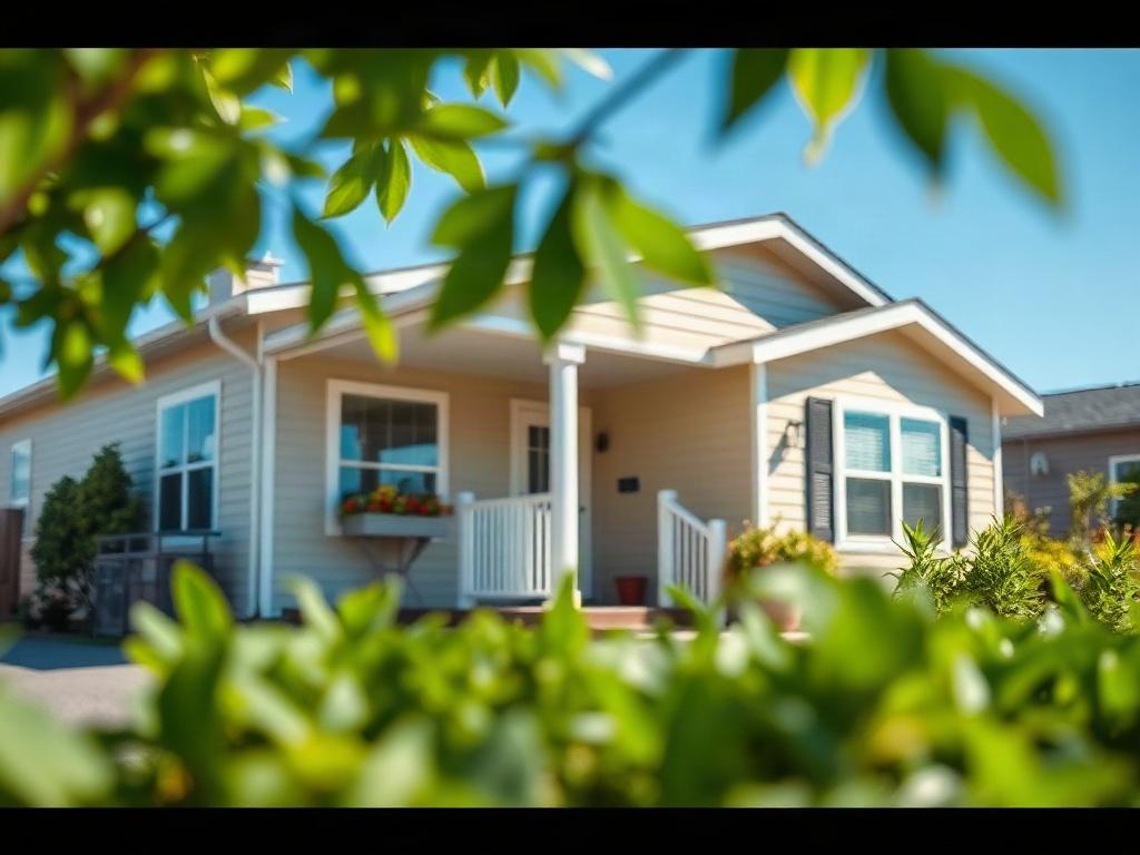 A close-up shot of a well-maintained manufactured home in a serene neighborhood, showcasing its modern design and inviting entrance. The image captures lush greenery in the foreground, with a bright blue sky in the background. The focus should be sharp on the home, highlighting its features and quality craftsmanship, rendered in hyper-realistic style, compatible with rgb(50, 170, 39) primary color.
