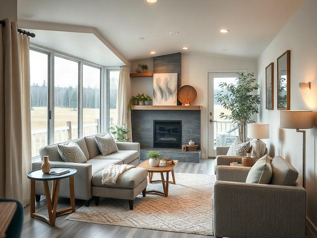 A realistic high-resolution photo of a beautifully staged manufactured home interior, showcasing modern design elements, comfortable furnishings, and warm lighting. The scene should be inviting, emphasizing the space's functionality and style, with a natural outdoor view through large windows in the background. The image should have a close-up perspective, focusing on a single inviting living area.