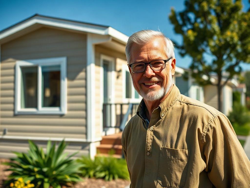 A close-up shot of a smiling customer standing outside a beautifully designed manufactured home, showcasing modern architecture. The background is a sunny Sacramento street with greenery and clear blue skies. The focus is on the customer, capturing their excitement and satisfaction. Shot with a 45mm f/1.2 lens style, emphasizing the warm and inviting atmosphere.