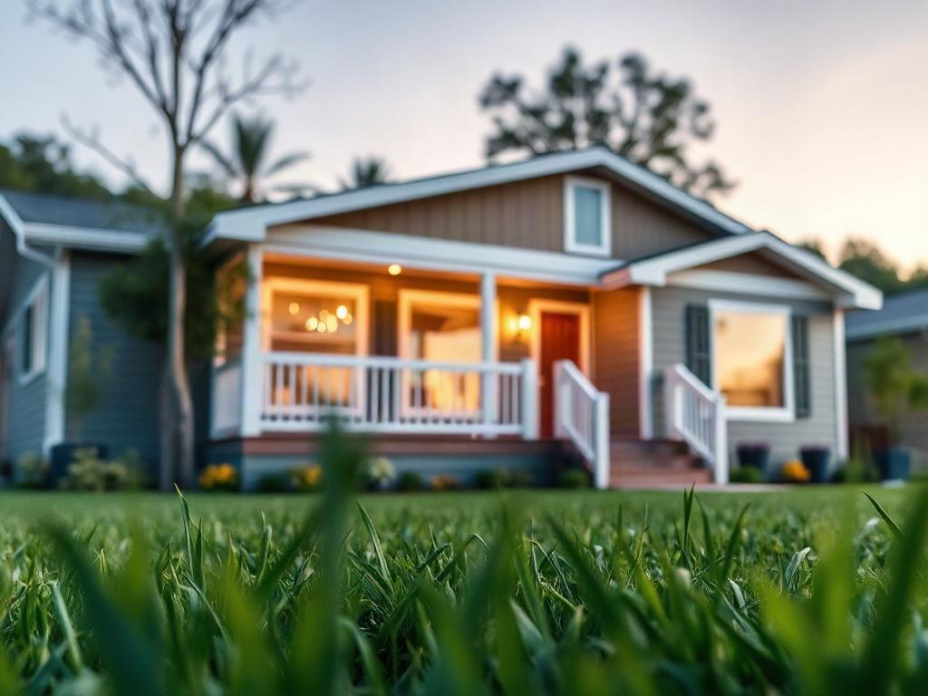 A high-resolution close-up shot of a beautifully designed manufactured home exterior, showcasing modern architecture with a lush green lawn in the foreground. The image should be captured with a 45mm f/1.2 lens to emphasize the details and create a blurred background effect, highlighting the home as the main subject. The color palette should complement the primary color of rgb(50, 170, 39), evoking a sense of warmth and inviting ambiance.