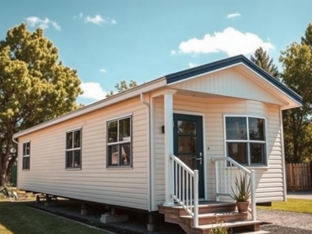 A realistic high-resolution close-up image of a modern, stylish mobile home exterior, showcasing its unique design and features. The background should be a sunny day with blue skies and green trees, creating a welcoming and inviting atmosphere. The focus is on the home, with a clean composition that highlights its architecture.